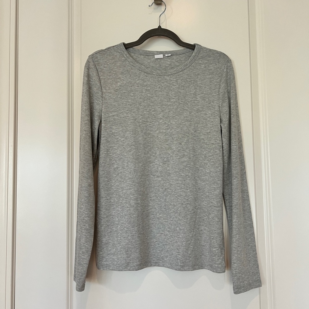 GAP Crew Neck Long Sleeve Top Light Heather Gray & Metallic Silver Threads